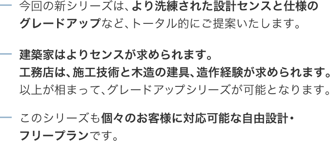 今回の新シリーズは、より洗練された設計センスと仕様のグレードアップなど、トータル的にご提案いたします。建築家はよりセンスが求められます。
工務店は、施工技術と木造の建具、造作経験が求められます。以上が相まって、グレードアップシリーズが可能となります。このシリーズも個々のお客様に対応可能な自由設計・フリープランです。