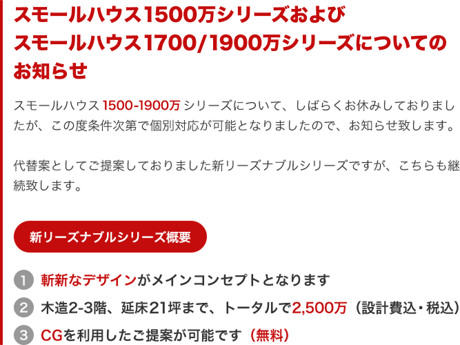 スモールハウス1500万シリーズおよびスモールハウス1700/1900万シリーズについてのお知らせ